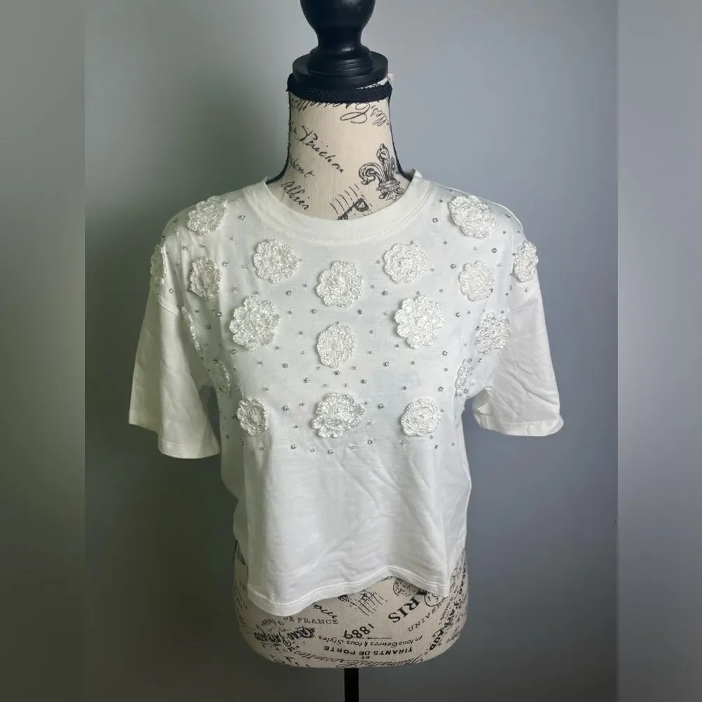 J.Crew Cropped T-shirt with crochet floral appliqués NWT Size XS